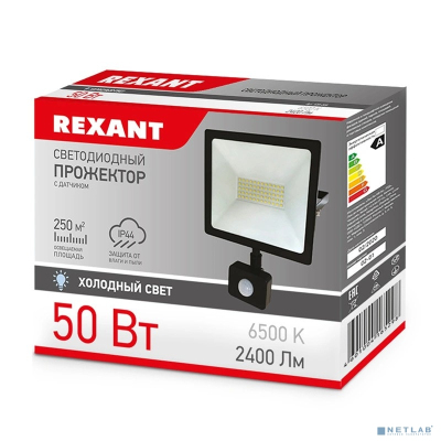 Rexant 605-009 Прожектор светодиодный с датчиком движения 50 Вт 200–260В IP44 4000 лм 6500 K холодный свет