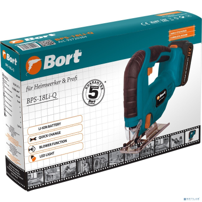 Bort Лобзик аккумуляторный BPS-18Li-Q {18 В; 1,5 Ач; Li-Ion ; батарей 2 шт; 3000 об/мин; 20 мм; 1,64 кг; 3 (3) кг; 35 x 7 x 23,5; набор аксессуаров 8 шт; гарантия 2 г} [93720384]