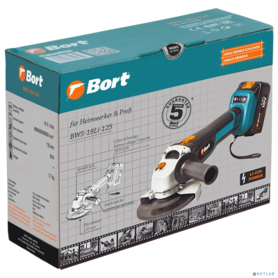Bort Машина шлифовальная угловая аккумуляторная BWS-18Li-125 {18 В; Li-Ion ; 3 Ач; 9000 об/мин; 22,5 мм; 1,7 кг; 4 Ач; батарей 2 шт; аксессуаров 5 шт; гарантия 2 г} [93722340]