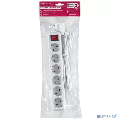 ARTSTYLE CL-C63GSW Сетевой удлинитель(белый, 6 гнезд, длина провода 3м, 220В, 16А, с заземлением, с выключателем)