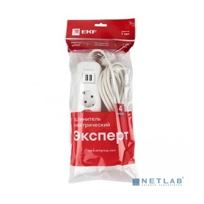EKF UBA16-2USB-4-05i Удлинитель "Эксперт" 4 гнезда 5 метров 16А/3,5кВт с 2 USB 2,1А ПВС 3х1