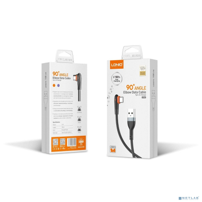 LDNIO LS561/ USB кабель Lightning/ 1m/ 2.4A/ медь: 86 жил/ Угловой коннектор/ Нейлон/ Black&Orange