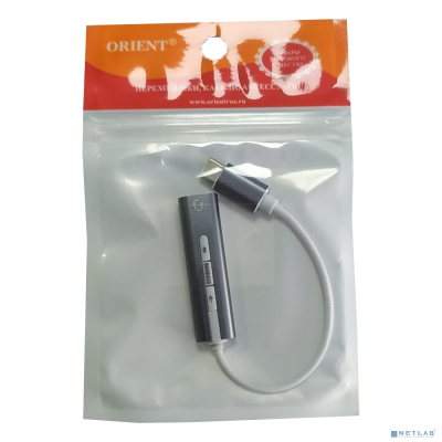 ORIENT AU-05PL, Адаптер USB to Audio (звуковая карта), jack 3.5 mm (4-pole) для подключения телефонной гарнитуры к порту USB Type-C, кнопки: громкость +/-, играть/пауза/вперед/назад; Windows/Linux/MAC