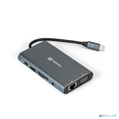 Exegate EX293985RUS Док-станция ExeGate DUB-31C/MAX (кабель-адаптер USB Type-C --> 3xUSB3.0 + Card Reader + PD 100W + HDMI 4K@30Hz + VGA + Audio + Lan RJ45 10/100/1000Mb, Plug&Play, серый)