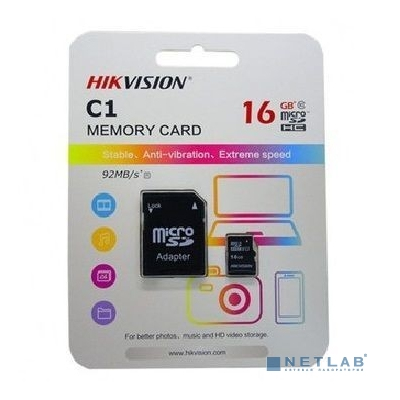 Micro SecureDigital 16GB Hikvision HS-TF-C1(STD)/16G/Adapter <HS-TF-C1(STD)/16G/Adapter> (с SD адаптером) R/W Speed 90/12MB/s