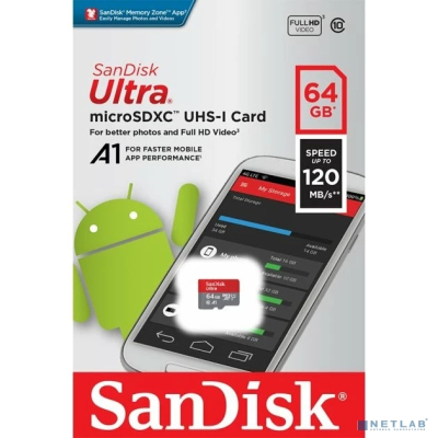 Micro SecureDigital 64GB SanDisk Ultra Class 10, UHS-I, R 120 МБ/с, <SDSQUA4-064G-GN6MN> без адаптера SD