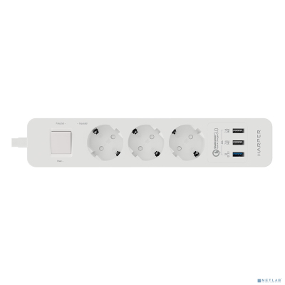 Harper Сетевой фильтр с USB зарядкой UCH-340 White QC3.0 (3 роз.,1,5м., 3 x USB (max 4.8A), 4000W) {H00002821}