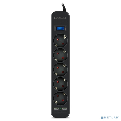 SVEN Фильтр SF-05LU 5.0 м (5 евро розеток,2*USB(2.4А)), черный, цветная коробка [SV-018856]