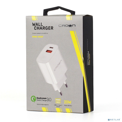 Crown CMWC-3032F Сетевое универсальное зарядное устройство (1 порт зарядки Type-C+1 порт зарядки USB A; поддержка PD20W&QC3.0; входное напряжение 100-240В; выходной ток DC 5V/2.4A,9V/2A,12V/1.5A