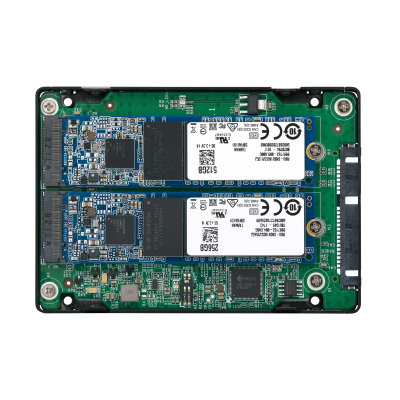 QNAP QDA-A2MAR HDD/SSD drives adapter 2 x M.2 2280 SATA SSD -> 1 x SATA 2.5" , Transfer rate 6 Gb/s. Supports RAID 0, 1, JBOD. w/o HDD