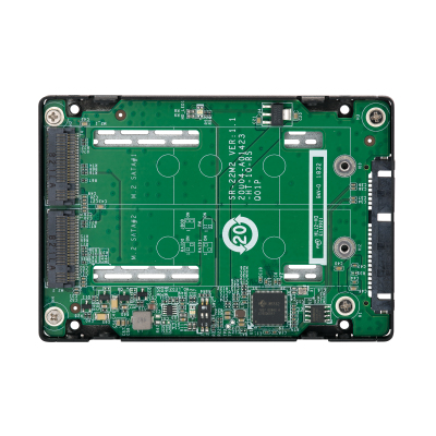 QNAP QDA-A2MAR HDD/SSD drives adapter 2 x M.2 2280 SATA SSD -> 1 x SATA 2.5" , Transfer rate 6 Gb/s. Supports RAID 0, 1, JBOD. w/o HDD