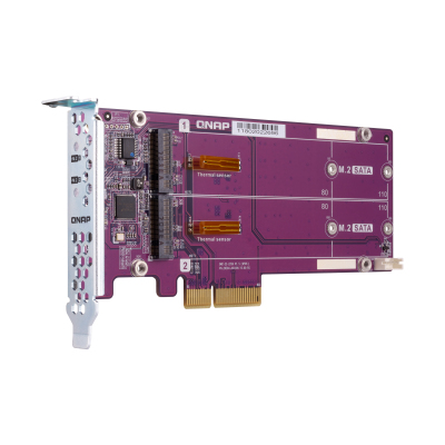 QNAP QM2-2S-220A Dual M.2 22110/2280 SATA SSD expansion card (PCIe Gen2 x2), Low-profile bracket pre-loaded, Low-profile flat and Full-height are bundled (shorter version to support TVS-x82/TS-x77 PCIe slot 2 & slot 3)