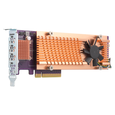 QNAP QM2-4P-384 Quad M.2 PCIe NVMe SSD expansion card; supports up to four M.2 2280 formfactor M.2 PCIe (Gen3 x4) SSDs; PCIe Gen3 x8 host interface; Low-profile bracket pre-loaded, Low-profile flat and Full-height are bundled