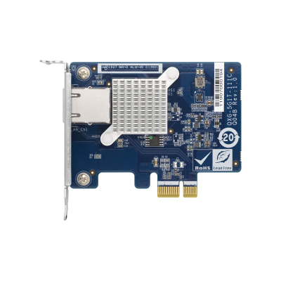 QNAP QXG-5G1T-111C PCIe Gen2 x1, Single-port 4-speed 5 GbE network expansion card (5Gbps/ 2.5Gbps/ 1Gbps/ 100Mbps) Low-profile bracket pre-installed; full-height and specialized brackets are bundled