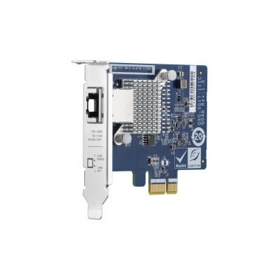QNAP QXG-5G1T-111C PCIe Gen2 x1, Single-port 4-speed 5 GbE network expansion card (5Gbps/ 2.5Gbps/ 1Gbps/ 100Mbps) Low-profile bracket pre-installed; full-height and specialized brackets are bundled