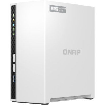 SMB QNAP TS-233 NAS 2 HDD trays. ARM 4-core Cortex-A55 2.0GHz, ram 2 GB (max), 1x1GbE, 2xUSB 2.0 port,1xUSB 3.2 Gen 1