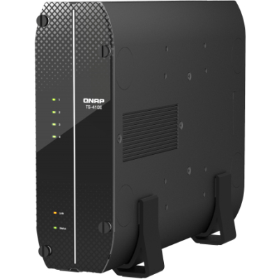 SMB QNAP TS-410E-8G NAS fanless 4 2.5 SSD trays. Intel Celeron J6412 4-core 2.0-2.6 GHz, 8 GB RAM (max), 2x2.5 GbE, 4xUSB 3.2 Gen 2 (10Gbps),1xHDMI