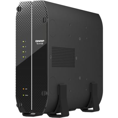 SMB QNAP TS-410E-8G NAS fanless 4 2.5 SSD trays. Intel Celeron J6412 4-core 2.0-2.6 GHz, 8 GB RAM (max), 2x2.5 GbE, 4xUSB 3.2 Gen 2 (10Gbps),1xHDMI