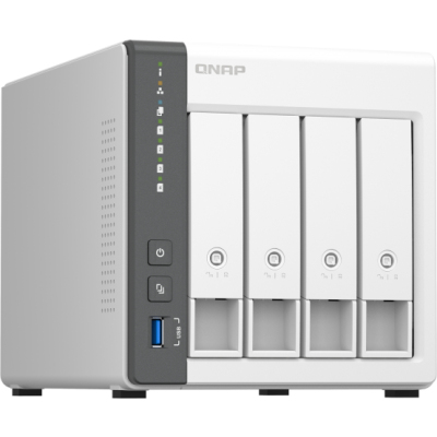 SMB QNAP TS-433-4G NAS 4 HDD trays. ARM 4-core Cortex-A55 2.0GHz, ram 4 GB (max), 1x1GbE, 1x2.5GbE, 2xUSB 2.0 port,1xUSB 3.2 Gen 1