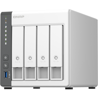 SMB QNAP TS-433-4G NAS 4 HDD trays. ARM 4-core Cortex-A55 2.0GHz, ram 4 GB (max), 1x1GbE, 1x2.5GbE, 2xUSB 2.0 port,1xUSB 3.2 Gen 1