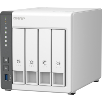 SMB QNAP TS-433-4G NAS 4 HDD trays. ARM 4-core Cortex-A55 2.0GHz, ram 4 GB (max), 1x1GbE, 1x2.5GbE, 2xUSB 2.0 port,1xUSB 3.2 Gen 1