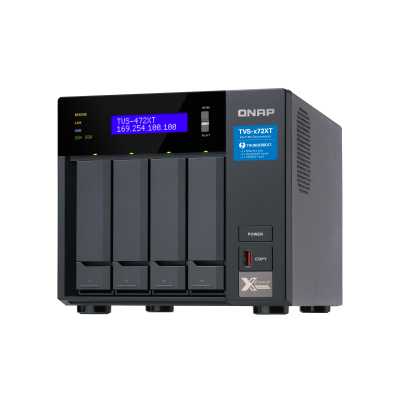 SMB QNAP TVS-472XT-PT-4G 4-Bay NAS, Intel Pentium Gold G5400T 2-core 3.1 GHz processor, 4GB DDR4 RAM (max 32GB RAM), 4x 2.5"/3.5" SATA HDD/SSD + 2x M.2 PCIe SSD slot, 2xGbE LAN, 1 x 10GBase-T, 2 x Thunderbolt 3 port