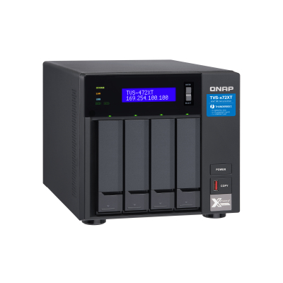SMB QNAP TVS-472XT-PT-4G 4-Bay NAS, Intel Pentium Gold G5400T 2-core 3.1 GHz processor, 4GB DDR4 RAM (max 32GB RAM), 4x 2.5"/3.5" SATA HDD/SSD + 2x M.2 PCIe SSD slot, 2xGbE LAN, 1 x 10GBase-T, 2 x Thunderbolt 3 port