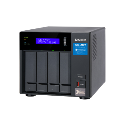 SMB QNAP TVS-472XT-PT-4G 4-Bay NAS, Intel Pentium Gold G5400T 2-core 3.1 GHz processor, 4GB DDR4 RAM (max 32GB RAM), 4x 2.5"/3.5" SATA HDD/SSD + 2x M.2 PCIe SSD slot, 2xGbE LAN, 1 x 10GBase-T, 2 x Thunderbolt 3 port