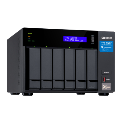 SMB QNAP TVS-672XT-i3-8G 6-Bay NAS, Intel Core i3-8100T 4-core 3.1 GHz Processor, 8GB DDR4 RAM (max 32GB RAM), 6x 2.5"/3.5" SATA HDD/SSD + 2x M.2 PCIe SSD slot, 2xGbE LAN, 1 x 10GBase-T, 2 x Thunderbolt 3 port