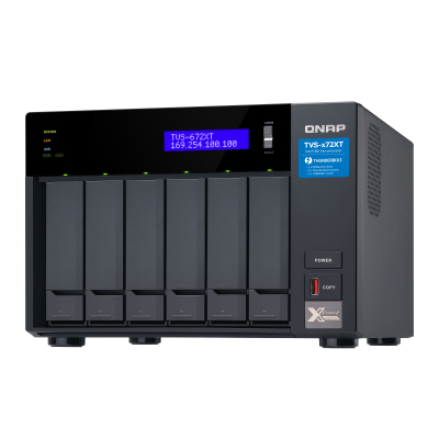 SMB QNAP TVS-672XT-i3-8G 6-Bay NAS, Intel Core i3-8100T 4-core 3.1 GHz Processor, 8GB DDR4 RAM (max 32GB RAM), 6x 2.5"/3.5" SATA HDD/SSD + 2x M.2 PCIe SSD slot, 2xGbE LAN, 1 x 10GBase-T, 2 x Thunderbolt 3 port
