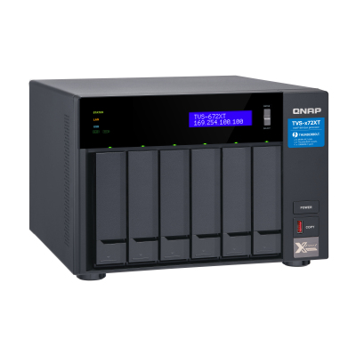 SMB QNAP TVS-672XT-i3-8G 6-Bay NAS, Intel Core i3-8100T 4-core 3.1 GHz Processor, 8GB DDR4 RAM (max 32GB RAM), 6x 2.5"/3.5" SATA HDD/SSD + 2x M.2 PCIe SSD slot, 2xGbE LAN, 1 x 10GBase-T, 2 x Thunderbolt 3 port