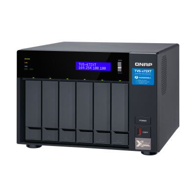 SMB QNAP TVS-672XT-i3-8G 6-Bay NAS, Intel Core i3-8100T 4-core 3.1 GHz Processor, 8GB DDR4 RAM (max 32GB RAM), 6x 2.5"/3.5" SATA HDD/SSD + 2x M.2 PCIe SSD slot, 2xGbE LAN, 1 x 10GBase-T, 2 x Thunderbolt 3 port