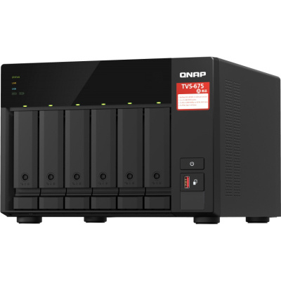SMB QNAP TVS-675-8G NAS, 6-tray w/o HDD, 2xM.2 SSD Slot, 1xHDMI-port. CPU 8-сore 64-bit x86 KX-U6580 2.5 GHz , 8GB DDR4 (1 x 8GB) up to 64GB (2 x 32GB), 2x 2.5 Gigabit LAN
