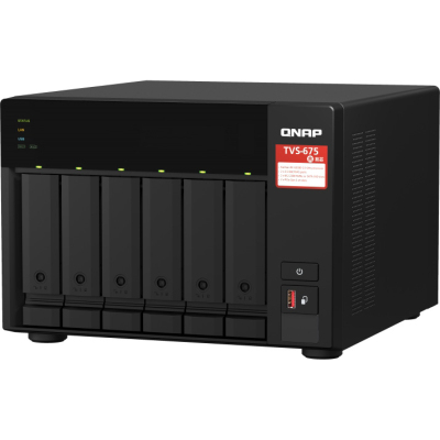 SMB QNAP TVS-675-8G NAS, 6-tray w/o HDD, 2xM.2 SSD Slot, 1xHDMI-port. CPU 8-сore 64-bit x86 KX-U6580 2.5 GHz , 8GB DDR4 (1 x 8GB) up to 64GB (2 x 32GB), 2x 2.5 Gigabit LAN