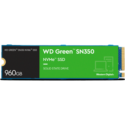 Твердотельный накопитель/ WD SSD Green SN350 NVMe, 960GB, M.2(22x80mm), NVMe, PCIe 3.0 x4, 3D TLC, R/W 2400/1900MB/s, IOPs 340 000/380 000, TBW 80, DWPD 0.1 (12 мес.)