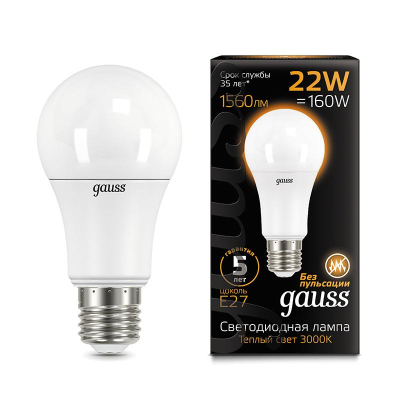 Лампа светодиодная Gauss 22W E27 A70 3000K 1560lm 102502122