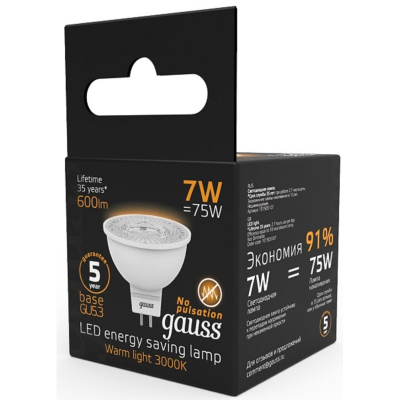 Лампа светодиодная Gauss 7W GU5.3 MR16 3000K 600lm 101505107