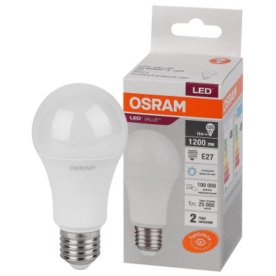 Лампа светодиодная OSRAM LED Value A, 1200лм, 15Вт (замена 125Вт), 6500К