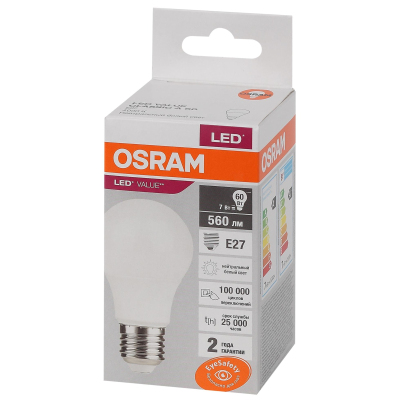 Лампа светодиодная OSRAM LED Value A, 560лм, 7Вт (замена 60Вт), 4000К
