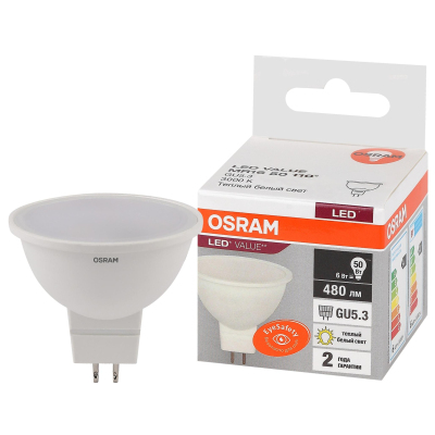 Лампа светодиодная OSRAM LED Value MR16, 480лм, 6Вт (замена 50Вт), 3000К