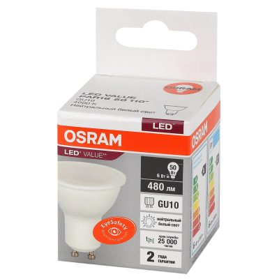 Лампа светодиодная OSRAM LED Value PAR16, 480лм, 6Вт (замена 50Вт), 4000К