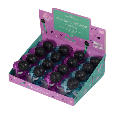 Точилка с контейнером и ластиком BV МИКРОФОН 1 отвер. 2 вида в асс 35-0041