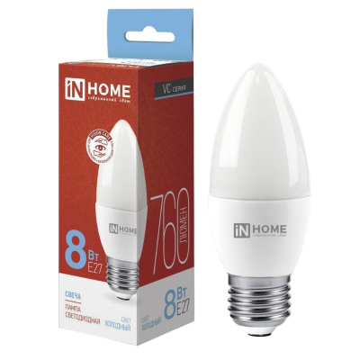 Лампа светодиодная LED-СВЕЧА-VC 8Вт 230В Е27 6500К 760 Лм IN HOME