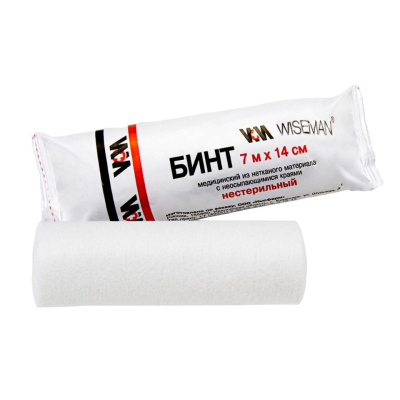Бинт нестер. 7мх14см, пл.30г из нетканого мат-ла, Wiseman, инд.уп ШК32979