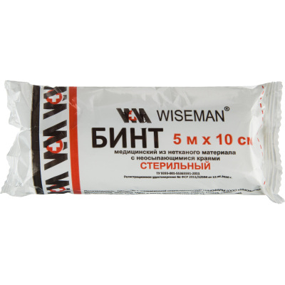 Бинт стер. 5мх10см, пл.30г из нетканого мат-ла, Wiseman, инд.уп ШК34881