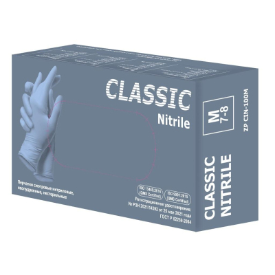 Мед.смотров. перчатки нитрил.,неоп,н/с,голуб.ZP Classic Nitrile(M)50пар/уп