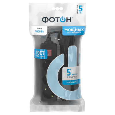 Удлинитель сетевой ФОТОН 16-53ЕS, 5м, 3 р, 16А, с выкл., с заземл., Черный