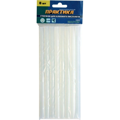 Стержень клеевой ПРАКТИКА d11х200мм белый/прозрачный, 8 шт. (641-596)