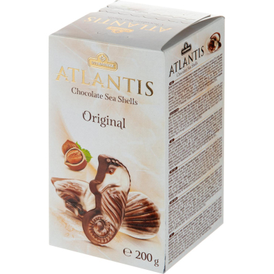 Конфеты ATLANTIS шоколадные мор.рак. мол.и бел.шок.с нач.из орех.кр.,200г