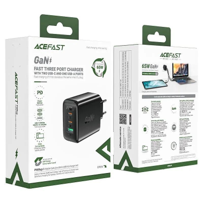 Зарядное устройство Acefast (AF-A41-BK) PD65W GaN (2xUSB-C+USB-A) черный